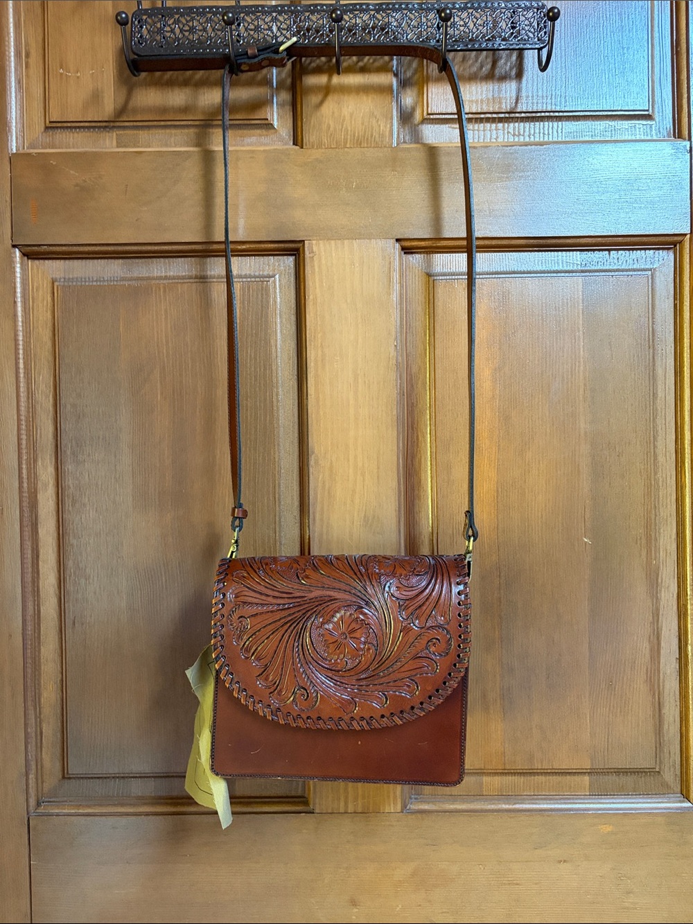 Vilenca Holland Hand-Tooled Leather Crossbody Bag in Brown